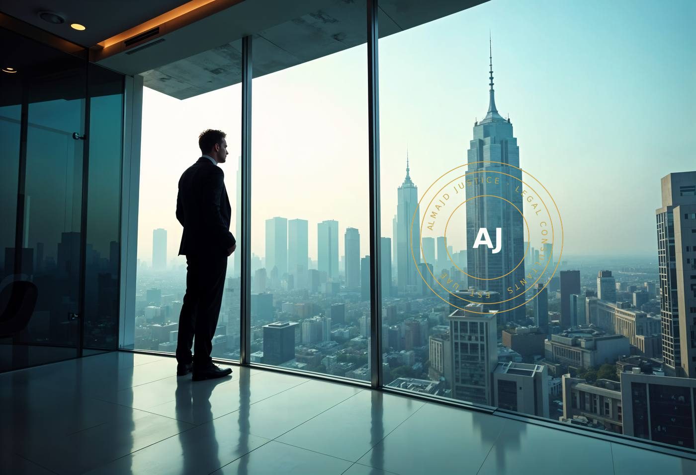 Silhouette of a professional overlooking a city skyline at dusk